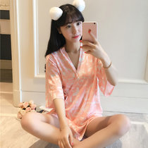 日式和服睡衣女夏季棉中袖开衫汉服睡衣薄款可爱外穿家居服套装(虾色 XL)