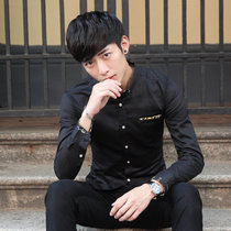 衬衫男2017新款青年男士纯色韩版商务休闲时尚修身长袖衬衣男(E1730黑色 XL)