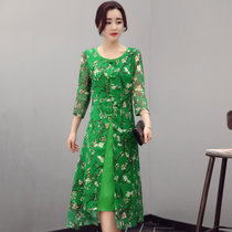 2017春夏新款修身假两件套印花圆领七分袖仿真丝显瘦中长款连衣裙(绿色 XL)