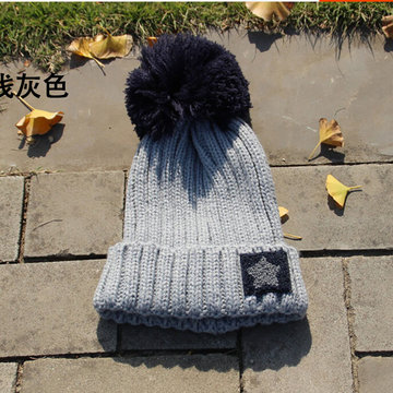 2015冬韩版男女情侣时尚潮流五角星 保暖 毛球针织帽 毛线帽(浅灰)