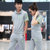阿迪达斯三叶草夏季运动服男女士情侣款跑步健身短袖T桖套装(绿灰色 男L)第3张高清大图
