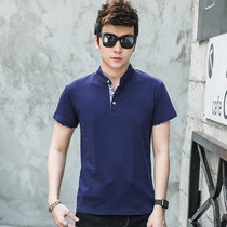 左岸男装 夏季新款男短袖POLO衫纯色韩版修身青年立领短袖纯棉T恤(宝蓝色 XXXL)