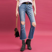 七格格2017夏装新款时髦破洞设计水洗纯色微喇裤九分牛仔裤女N565(牛仔蓝 30)