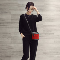 莉妮吉尔棉麻套装女装秋季新款2016长袖T恤 韩版修身两件套装亚麻纯色长裤(黑色 XL)