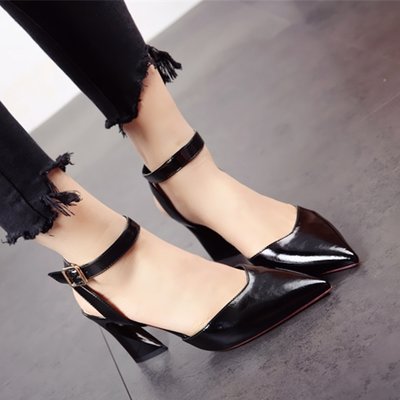 【夏季高跟鞋2018新款欧美包头凉鞋女一字扣