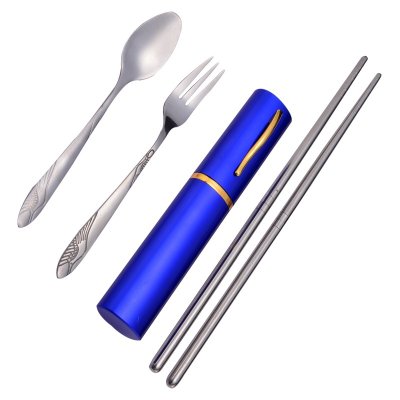 乾越 随身不锈钢餐具三件套便携旅行环保套装折叠筷子叉子勺子随机发
