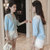 2019夏装新款雪纺衫时尚韩版V领气质短袖衬衫女七分袖甜美上衣女(蓝色 XL)第5张高清大图