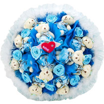 卡通花束 11只钻石泰迪熊 公仔娃娃玫瑰花束 女生生日礼物(蓝色(圆形))