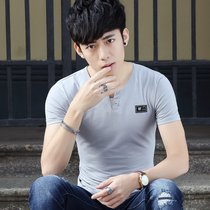 左岸男装 2017新款夏季V领短袖T恤韩版修身青年潮流时尚纯色纯棉半袖上衣衫(灰色 4XL)