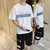 VINBORLEE短袖t恤男士夏季休闲运动套装搭配帅气一套上衣潮牌男装APTZ7219(黑色 M)第5张高清大图