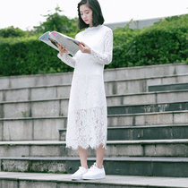 Mistletoe2017春季女装新款立领刺绣蕾丝中长款连衣裙韩版长袖修身打底裙女(白色 L)