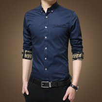 春季男士格子长袖衬衫商务韩版修身型寸衫印花青年衣服男装衬衣 S1730(S1730深蓝色)