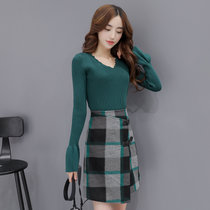 2016秋冬新款韩版修身喇叭袖针织衫格子毛呢半身短裙两件套装裙潮(绿色 XL)