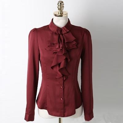 天空岛 韩国春装新款荷叶边长袖女式衬衫 C5130202G(酒红色 XL)