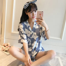 睡衣女夏纯棉韩版清新学生甜美可爱短袖两件套性感夏季日式和服薄(蓝色 XL)