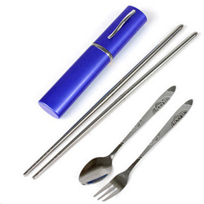 乾越 随身不锈钢餐具三件套便携旅行环保套装折叠筷子叉子勺子随机发