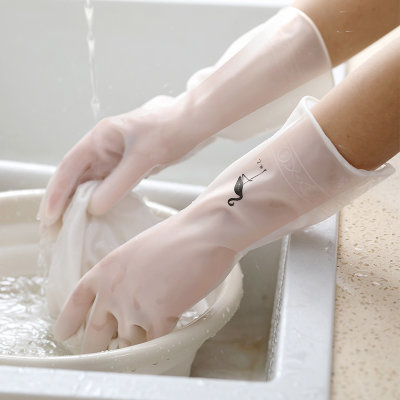洗碗手套薄款PVC防水橡胶厨房手套洗衣清洁家务塑胶手套L  M 型号 下单备注(火烈鸟 一双)