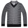 斯帕乐 新款休闲条纹线衣 纯棉假两件V领男士毛衣针织衫3318E1004 黑/白 XL(180/96A)