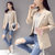 莉妮吉尔2016秋季新款时尚修身优雅纯色百搭七分袖单排扣西装外套(卡其色 XL)第2张高清大图