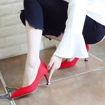2018春季新款细跟高跟鞋尖头浅口女鞋欧美红色婚鞋显瘦简约单鞋女(红色)