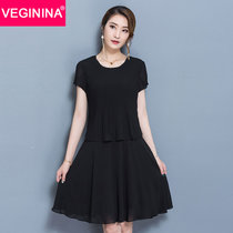 VEGININA 韩版百搭中长款短袖假两件连衣裙 2979(黑色 4XL)