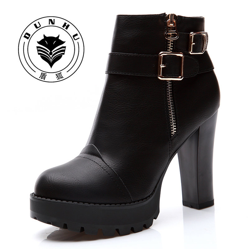 盾狐单鞋女高跟女鞋马丁靴女潮皮鞋厚底防水台