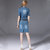 素芬 夏季新款欧美立领短袖修身牛仔连衣裙一步裙 初秋包臀中长裙(深蓝色 XL)第4张高清大图