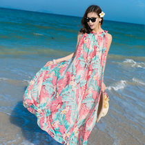 莉菲姿 胖MM大码大摆夏雪纺显瘦海边度假沙滩裙中长款连衣裙宽松长裙(粉红色 L)