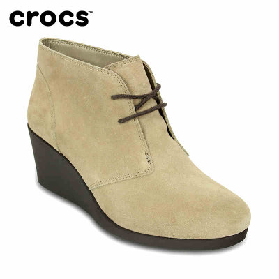 Crocs女鞋 卡骆驰时尚皮质纯色秋季蕾丽系带坡跟厚底靴|203419(黑色 34)