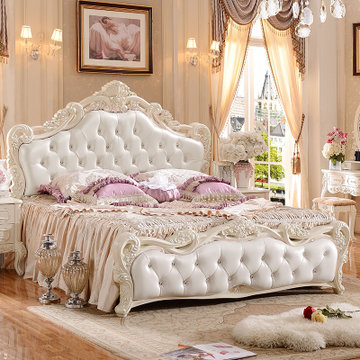 圣肯尼家具 欧式床套装双人床法式公主床雕花简约床卧室(白/粉 1.8米床+2个床头柜+床垫)