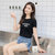 Dream Gate夏季新款T恤长字母印花休闲纯色修身韩版女装(黑色 M)第3张高清大图