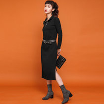 七格格 2017春装新款 时尚简约百搭修身立领圆环长袖连衣裙 X1065(黑色 XL)