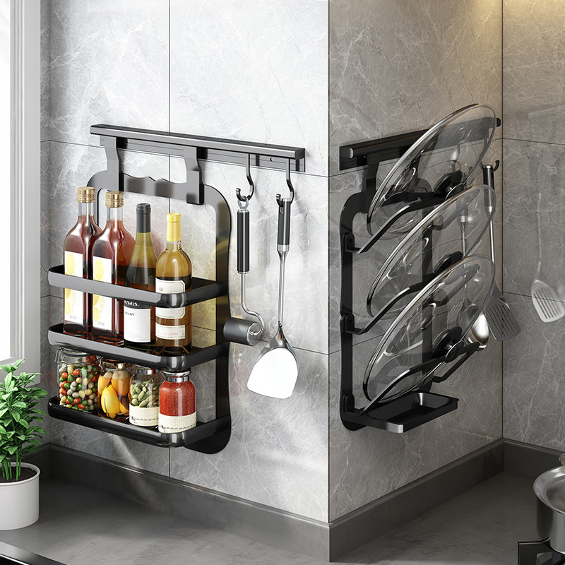黑色免打孔厨房置物架壁挂墙上刀架调味料收纳架用品挂件挂架挂杆706
