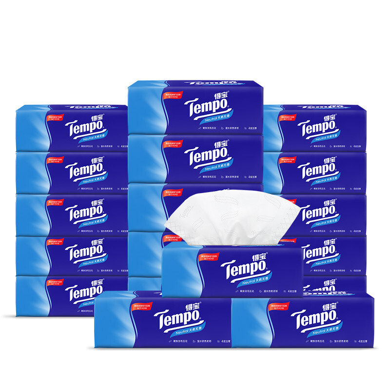 得宝tempo抽纸4层90抽18包天然无香