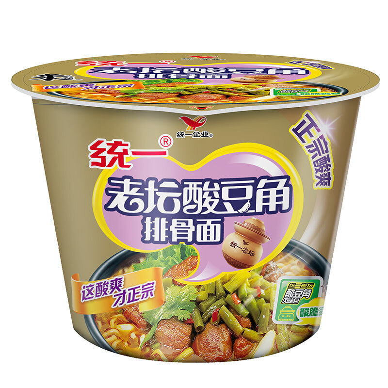 统一qxty方便面来一桶老坛酸豆角排骨面12桶国美超市甄选