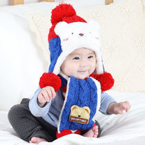 秋冬韩版儿童加绒毛线帽男童女童0-3-6-12个月婴儿围巾2件套宝宝帽子1-2岁(深蓝色)