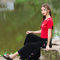 莉菲姿 民族风2夏季新款刺绣裙裤(黑色 均码)