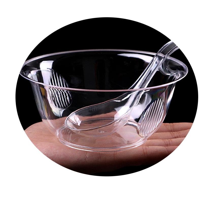一次性水晶碗勺套装加厚塑料透明硬质汤碗高档餐具酒席圆形打包碗19cm