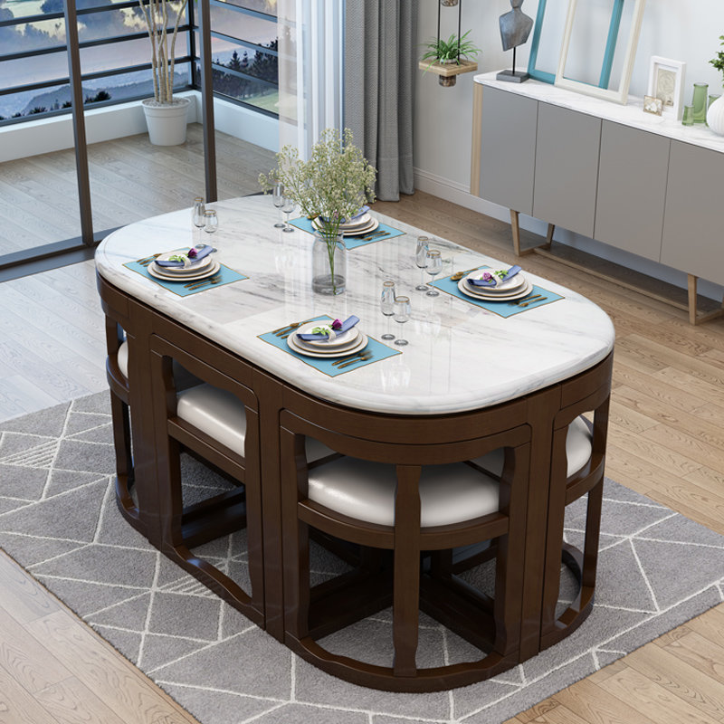 隐形大理石实木餐桌 小户型收缩家用实木圆桌(象牙白 椭圆形一桌六椅)