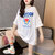 【灵薇雅】夏季韩版新款卡通叮当猫印花珠片刺绣宽松中长款纯棉圆领短袖T恤衫(蓝色 XL)第2张高清大图