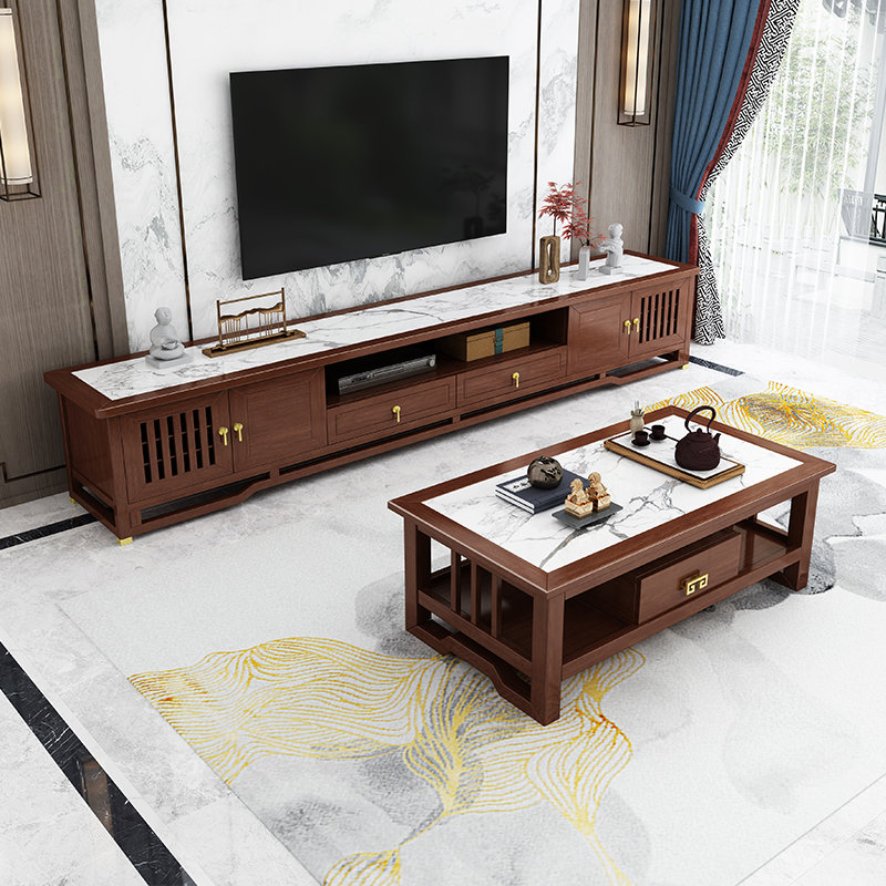 朷木新中式现代简约岩板电视柜茶几组合客厅实木地柜小户型轻奢风家具