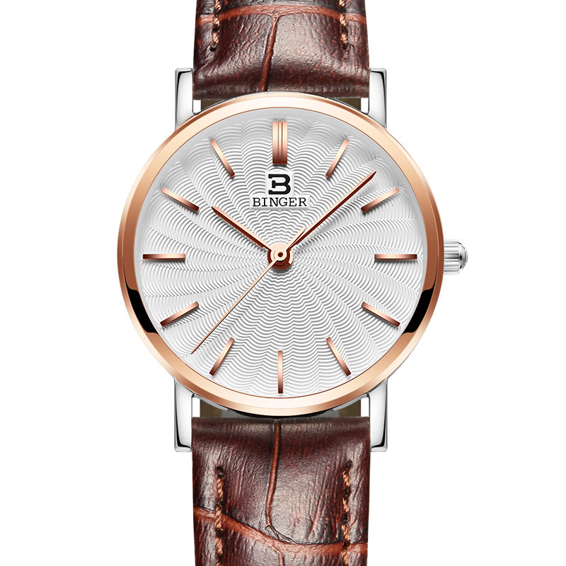 瑞士宾格binger心意系列大表盘时尚商务女士手表间玫白面皮带
