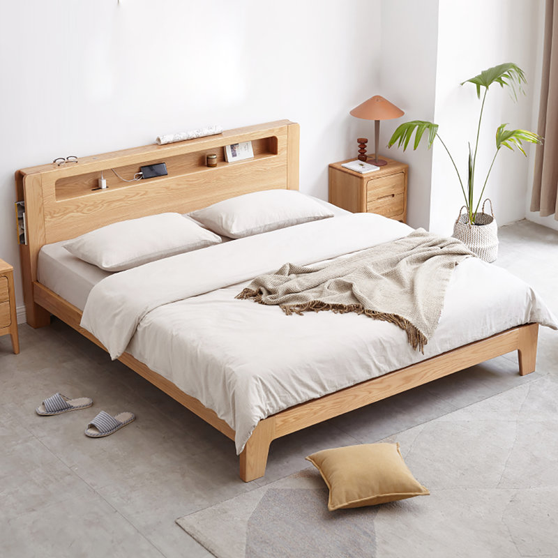 实木床卧室18橡木北欧床现代简约15米主卧双人床家具胡桃色高铺夜光床