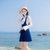 2018秋装新款韩版修身显瘦长袖喇叭袖背带裙两件套连衣裙套装裙(蓝色)(XS)第3张高清大图