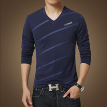 秋季新款男装大码V领长袖T恤男士青年弹力纯棉纯色体恤衫Q6911(蓝色 XL)