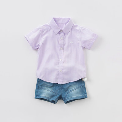 davebella戴维贝拉2018夏季新款男童短袖衬衣 宝宝纯棉衬衫DB7515(18M 浅紫色)
