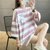 SUNTEK慵懒风条纹字母短袖T恤女夏装2022新款韩版宽松学生中长款上衣(M 红色)第3张高清大图