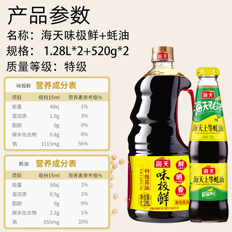 海天味极鲜特级生抽128l2加蚝油520g2礼盒装国美超市甄选
