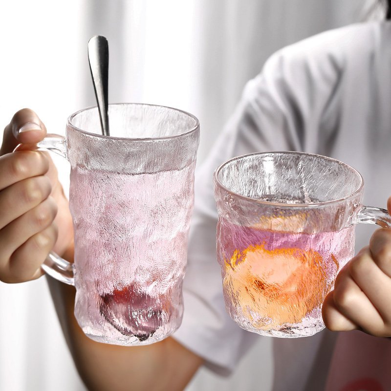 日式冰川纹玻璃杯带把手家用客厅喝水杯子ins风高颜值茶杯咖啡杯高款