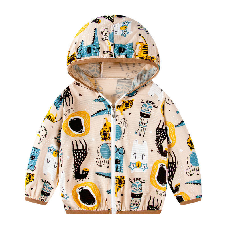 儿童条纹棉防晒衣新款薄款透气竹节棉卡通防晒服外套90码条纹棉杏色